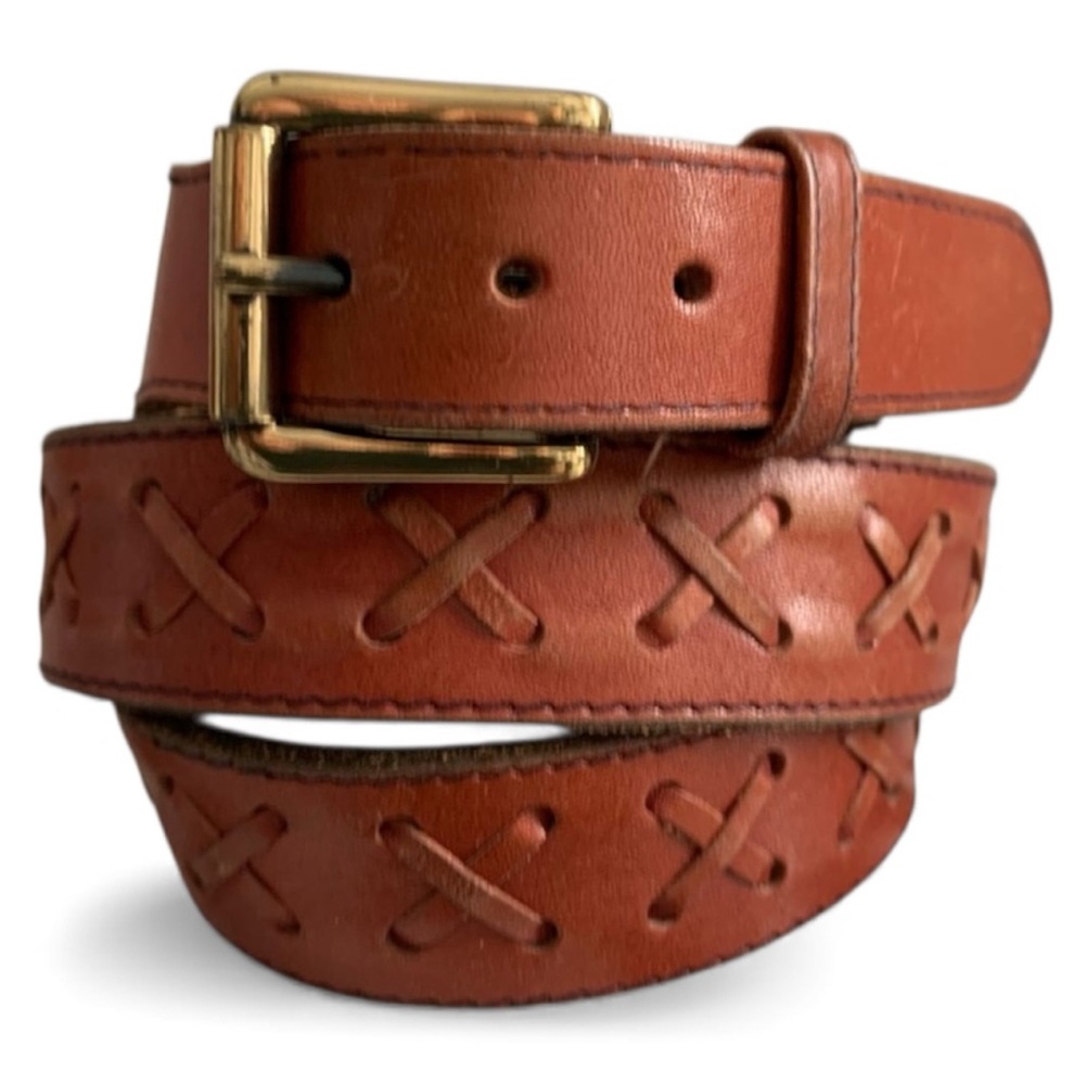 Oil Tanned Cowhide Belt - Decorative Repeated X Design - 38 Western Cowboy